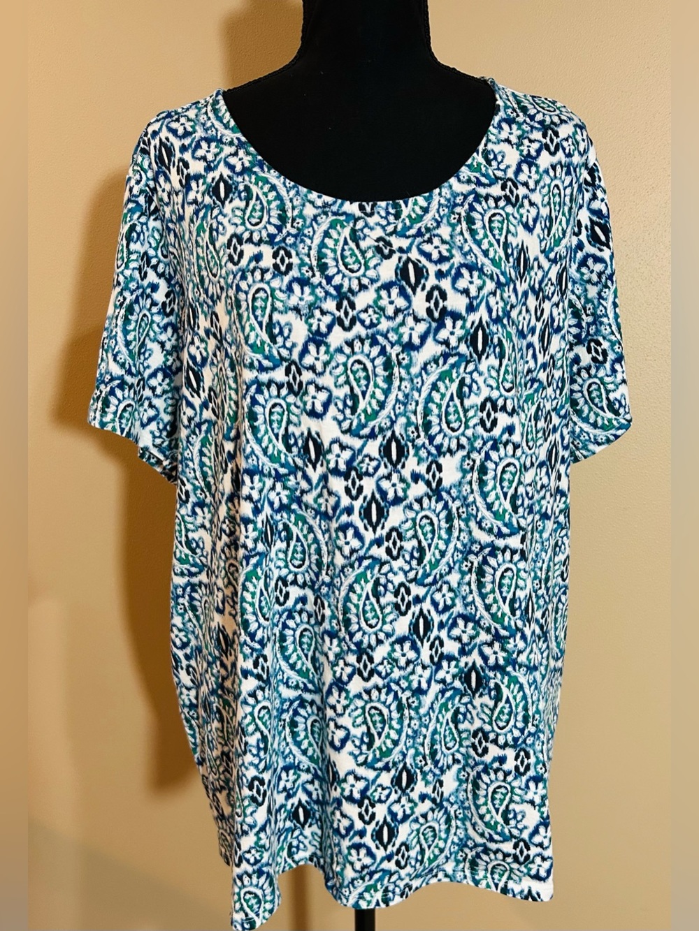 pure jjill  Blue/teal/white Paisley Print Scoop Neck Elliptical Tee Size 2X